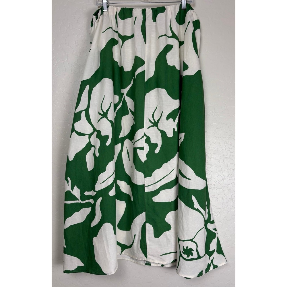 New H&M Linen Blend Elastic Waist Boho Tropical Midi Skirt XL Green Ivory 1994